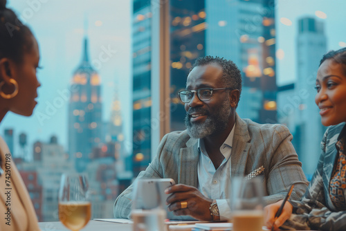 Portrait of businessman in confidence gesturing standing next the window isolated skyscraper city view background