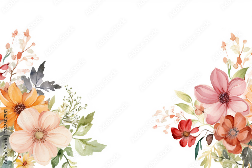 Watercolor of flowers frame, watercolor illustration frame of naturally blooming flowers and leaves.