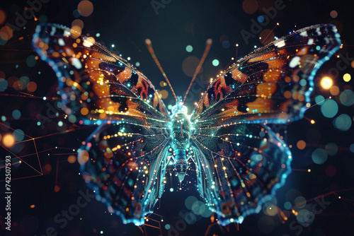 Create a futuristic hologram of a butterfly against a dark backdrop showcasing intricate details and luminous effects © Bordinthorn