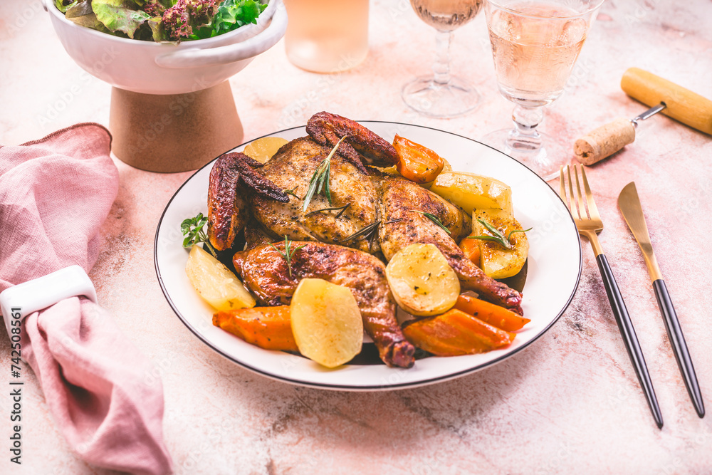 Roasted chicken with potatoes, vegetables and salad on a table