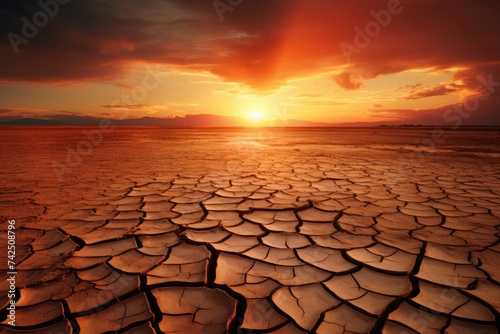 Dramatic Sunset Over Cracked Desert Terrain - Climate Awareness Generative AI