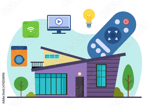 Smart home and remote control system vector illustration. Modern house with functions to turn on light, start washing machine. Internet of things, smart home, modern technology concept