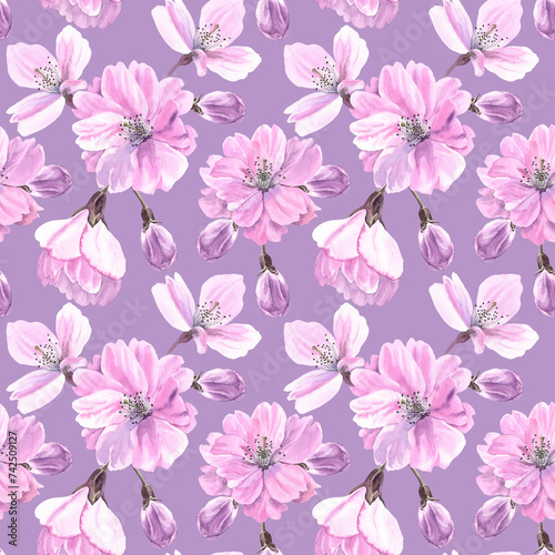 Watercolour Sakura spring flowers illustration seamless pattern. Seasonal Cherry blossom. Hand-painted. Botanical Floral elements. On violet background. For interior print decoration  fabric  wrapping