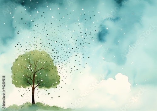 Serene Watercolor Tree Amidst Clouds - Artistic Vision - Generative AI © Gelpi
