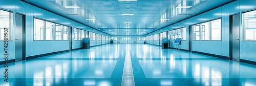 Modern corridor with a minimalist design, featuring bright lighting and a sleek architectural perspective in an indoor setting