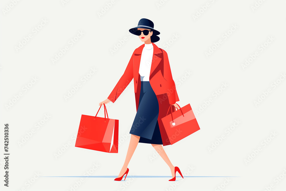 woman, shopping, flat design, woman shopping with bags in hands.