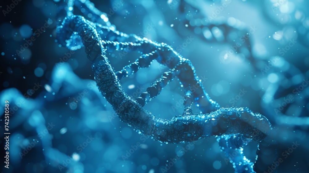 Futuristic depiction of a glowing blue DNA double helix with particles ...