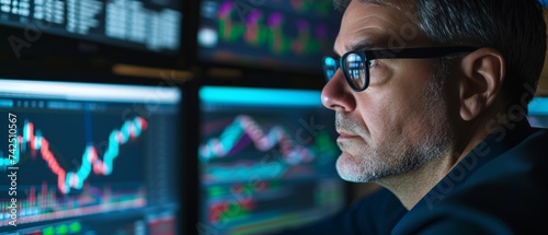 A focused man analyzing financial charts on multiple monitors, evoking themes of investment and trading strategies, suitable for financial or technology-related concepts.