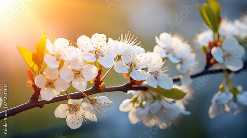 Spring blossom background. Beautiful nature scene with blooming tree and sun flare. Sunny day. Spring flowers. Beautiful Orchard. Abstract blurred background. Springtime