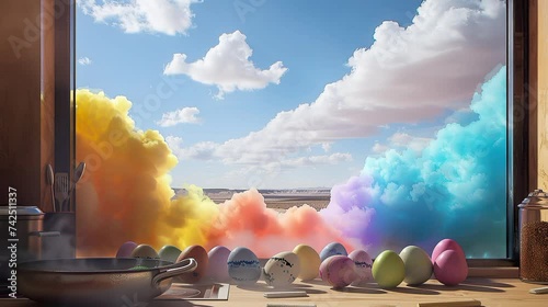 mesy kitchen that produce easter egg boled egg in a pan and finished painted easter egg near window with rainbow color smoke and cloudy sky in the window animated lofy video photo