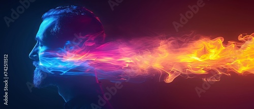 a man is smoking a cigarette with colored smoke coming out of his mouth and a red and blue smoke coming out of his mouth.