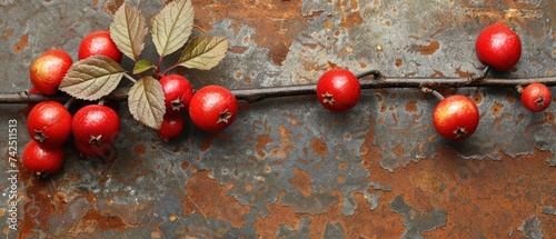 a bunch of red berries sitting on top of a rusted metal surface next to a branch with leaves on it. photo
