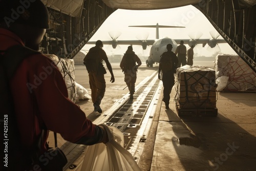 Humanitarian Heroes Unite. Workers Loading an Airplane with Supplies During a Crisis. Acts of Solidarity in Times of Need 