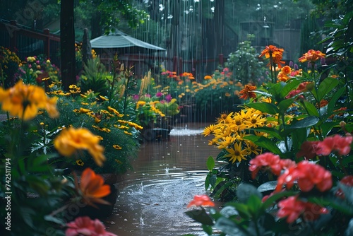 Renewing Springtime Gardens with Gentle Rain: A Colorful Scene. Concept Spring Gardens, Rainy Day, Colorful Blooms, Nature Photography, Renewal of Life © Anastasiia