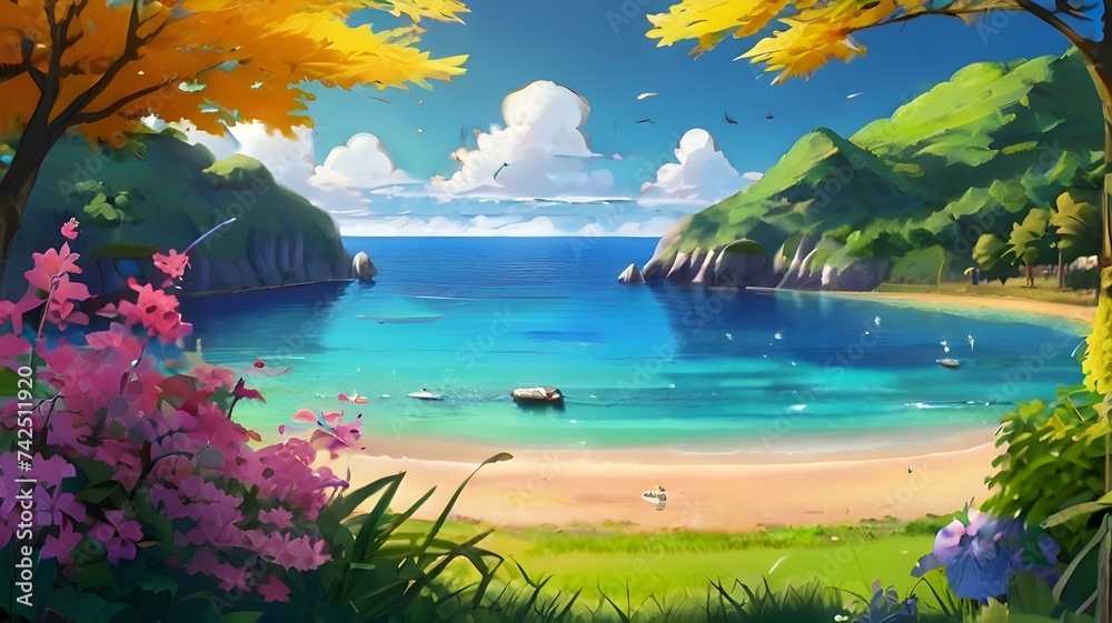 Serene lake nestled amidst majestic mountains, reflecting a turquoise sky and offering a glimpse of paradise, anime wallpaper 4k background, summer season, Generative ai
