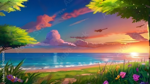 Fiery orange sun dips below horizon, painting the sky in vibrant hues as it reflects on the calm water below, anime wallpaper 4k background, summer season, Generative ai