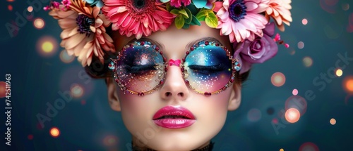 a close up of a woman with flowers in her hair and a pair of sunglasses on her face with stars in the background. © Jevjenijs