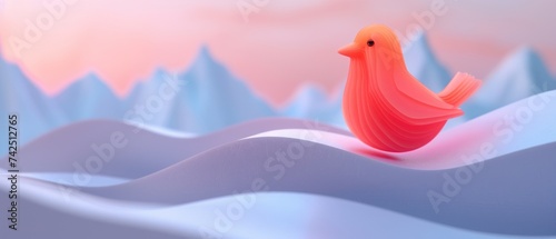 a red bird sitting on top of a pile of snow next to a pink and blue mountain covered in snow. photo