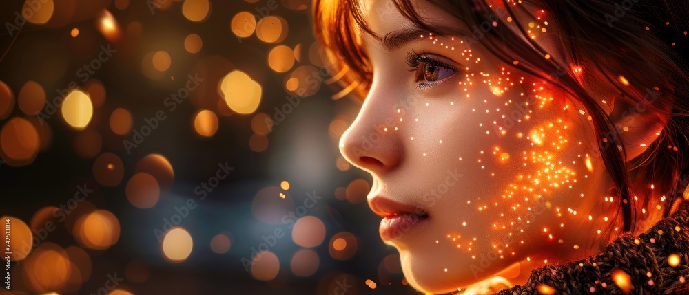 a close up of a woman's face with a lot of lights on her face and a blurry background. a close up of a woman's face with a lot of lights on her face and a blurry background.