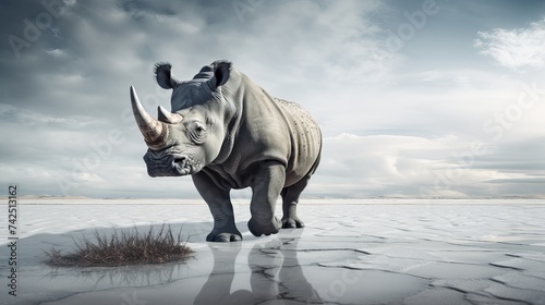 Surreal scene of a big Rhinoceros in an empty beach © Elchin Abilov