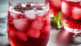 Sparkling red water soda with ice cubes. Summer iced drink, homemade summer drink.