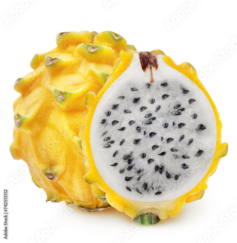 Isolated dragonfruit. Cut yellow pitahaya fruit isolated on white background with clipping path