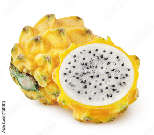 Isolated dragonfruit. Whole and half of yellow pitahaya fruit isolated on white background with clipping path