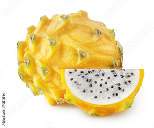 Isolated dragonfruit. Whole and piece of yellow pitahaya fruit isolated on white background with clipping path