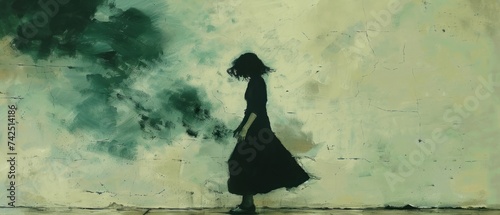 a painting of a woman in a black dress walking in front of a painting of a green smokestack.