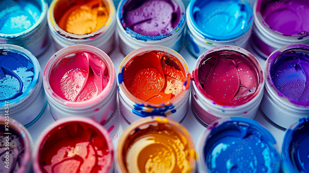 Colorful Acrylic Paint Pots on Artistic Palette, Creative Explosion, created with Generative AI technology Colorful Acrylic Paint Pots on Artistic Palette, Creative Explosion, created with Generative AI technology