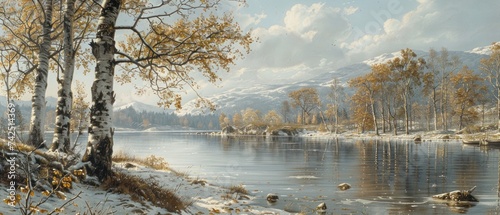 a painting of a snowy landscape with trees and a body of water in the foreground and mountains in the background.