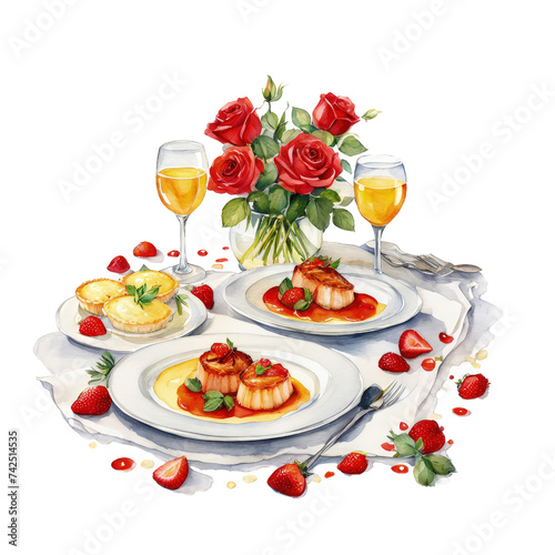 Romantic dinner arranged on table, watercolor clip art of Luxury romantic dinner with red roses vase, and vine 