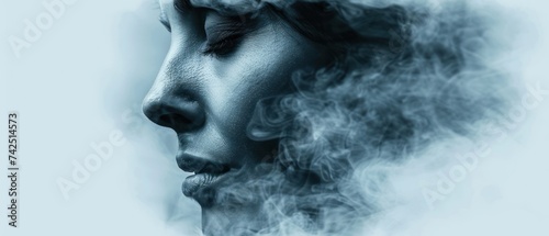 a black and white photo of a woman's face with smoke coming out of her face and a cigarette coming out of her mouth. photo