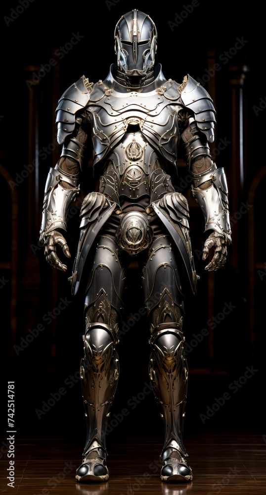 Majestic Full Plate Armor with Intricate Engravings, Medieval Elegance, created with Generative AI technology Majestic Full Plate Armor with Intricate Engravings, Medieval Elegance, created with Generative AI technology