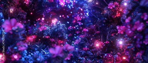 a bunch of purple and pink flowers on a blue and pink background with a lot of small pink and purple flowers on the right side of the picture. © Jevjenijs