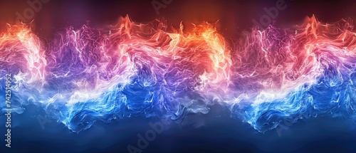 a blue, red, and orange background with a large amount of smoke coming out of the top of it. photo