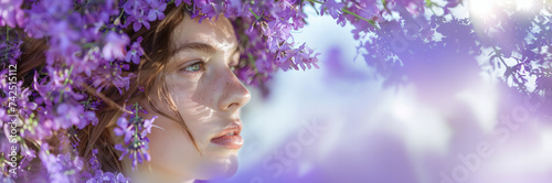 Profile portrait of a beautiful woman with spring flowers all around her. The arrival of spring and Mother's Day creative concept banner. Purple tones colors. Fresh aroma and harmony.