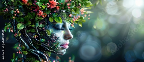 a close up of a woman with flowers on her head and branches growing out of her face and her eyes closed. photo