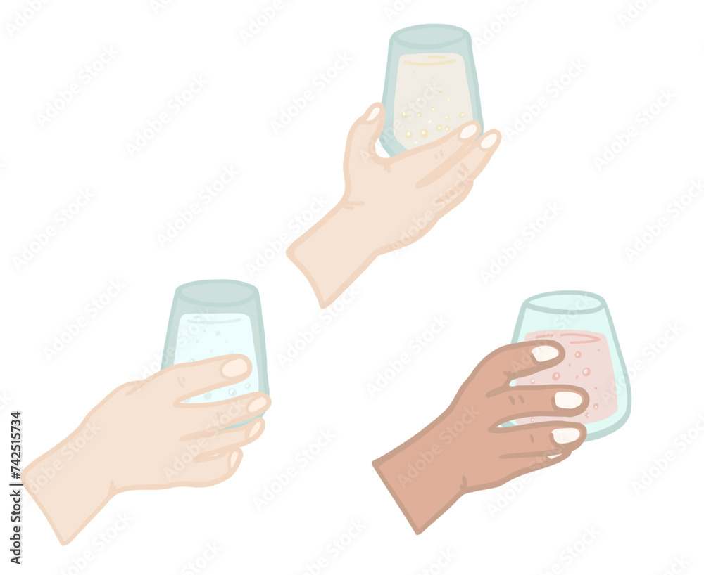 Hands holding wines sparkling water flat design set Hands holding wines sparkling water flat design set