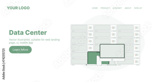 Data Center. Web Landing Page Design. Flat Cartoon Vector Illustration. Vector illustration, suitable for web landing page, ui, mobile app.