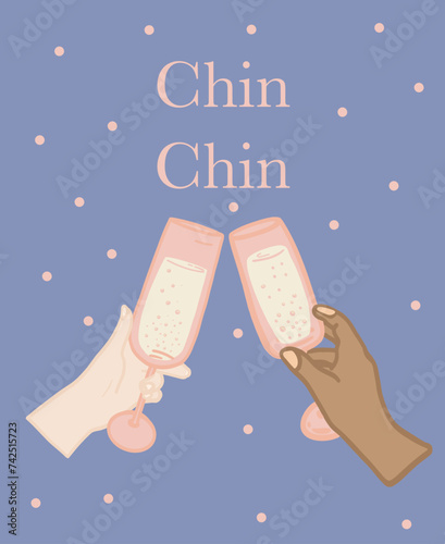 Hands holding glasses flat design chin chin card
