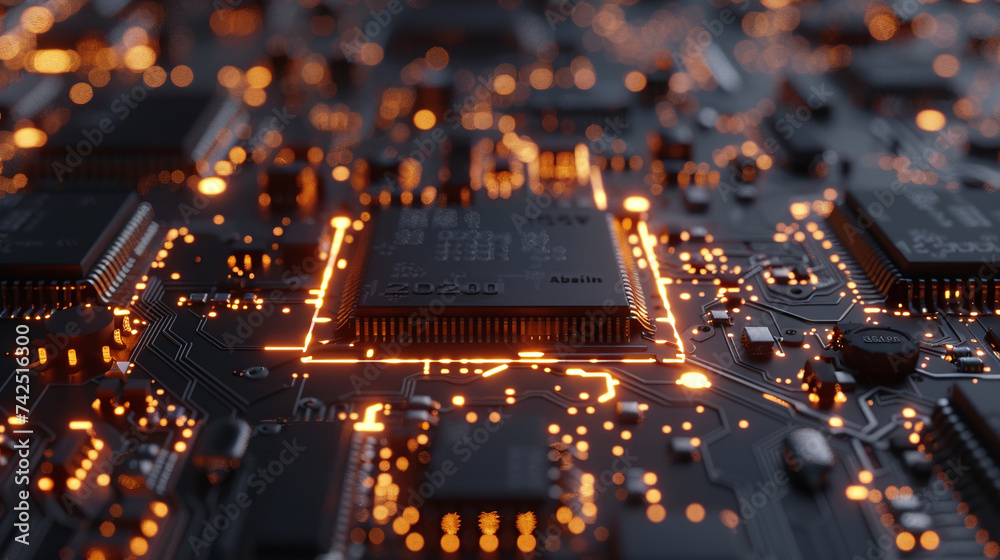 Close-up photo of motherboard with CPU and many chips and transistors and neon light Close-up photo of motherboard with CPU and many chips and transistors and neon light