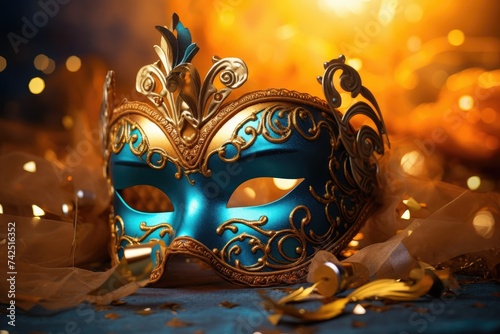 Enigmatic Elegance: Venetian Masquerade Mask Amidst Glistening Lights - Generative AI