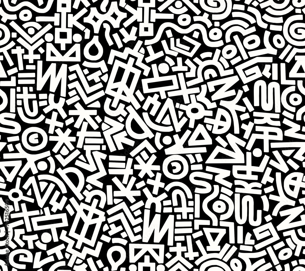 A black and white abstract hand-drawn drawing in the style of hieroglyphs.Seamless pattern.
