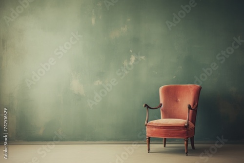 Red vintage armchair on legs with wooden armrests on an old green plain background