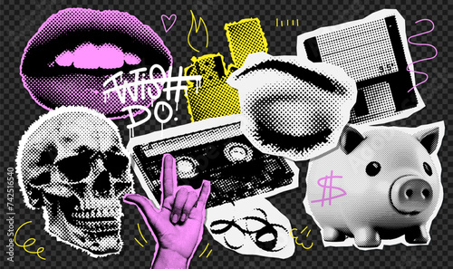 Collage design elements set in trendy dotted style. Retro halftone effect skull, rock hand, mouth, closed eye, cassette, floppy disk, piggy bank, lighter. Vector vintage grunge punk cutout shapes