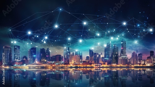 Smart city and wireless communication network concept. Digital network connection lines. Internet of Things and Information Communication Network concept.