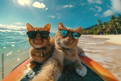 two cats wearing sunglasses taking selfies on a surf board in summer