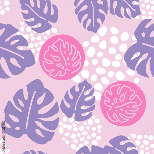Monstera leaves decorative seamless pattern for textile design, fabric print, digital or wrapping paper, wallpaper, background and backdrop, decoration. Tropical summer holiday theme.