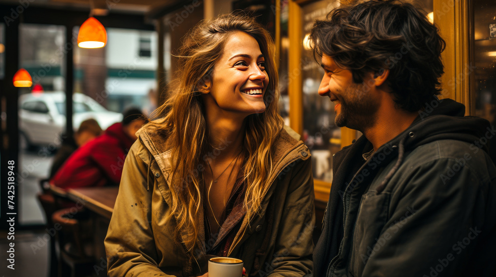 Couple in Love Looking at Each Other, Both Holding Coffee to Go: Romantic and Cozy